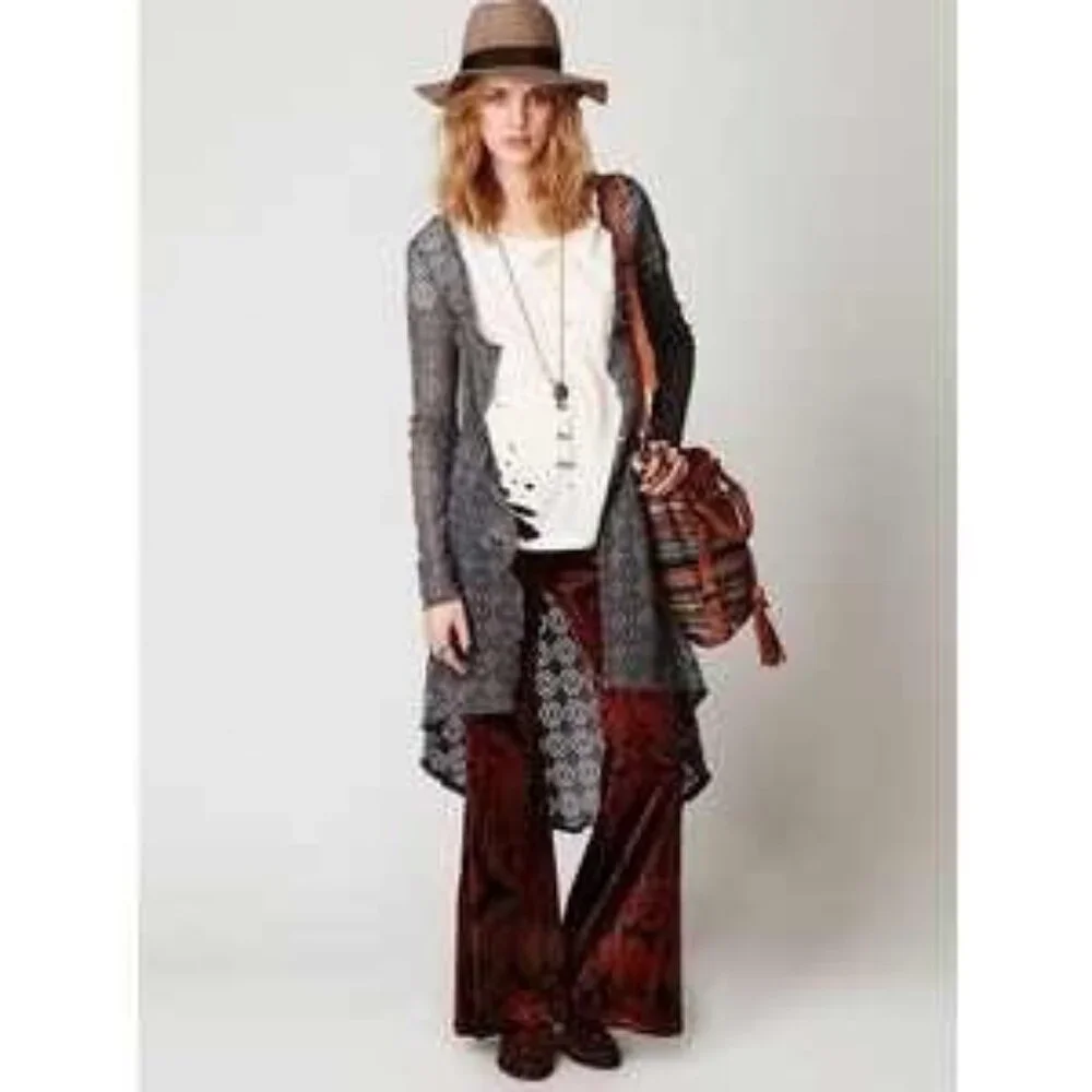 Vintage Free People Beach Gray Crochet Button Front Maxi Cardigan - Picture 11 of 16